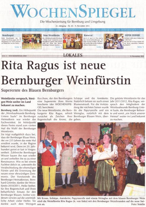 Pressebeitrag Wochenspiegel 'Rita Ragus ist neue Bernburger Weinfürstin'
